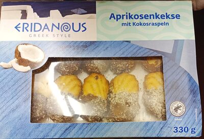 ERIDANOUS GREEK STYLE Shortbread Cookies with apricot filling and cocoa topping with coconut sprinkles. Product is packe