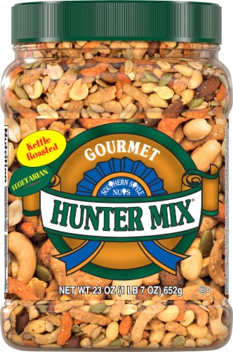 Southern Style Nuts Gourmet Hunter Mix 23 oz plastic jar UPC 085839073319 and 36 oz plastic jar UPC 085839071483.