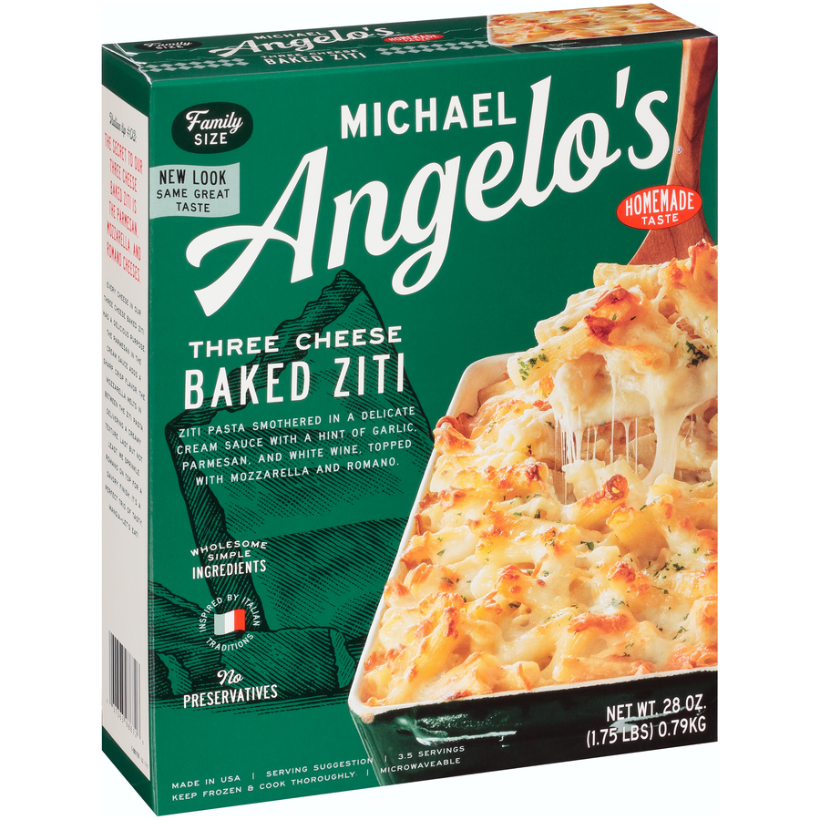 Three Cheese Baked Ziti Pasta Smothered in a Delicate Cream Sauce with a Hint of Garlic, Parmesan, and White Wine, Topped with Mozzarella and Romano.
