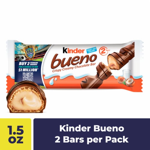 Kinder Bueno Milk Chocolate Bars with Crispy Wafer and Hazelnut Cream, 30 Packs, 2 Bars Each, 1.5 oz