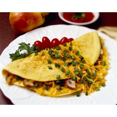 Food - Cheese and Mushroom Omelette Garnished with Chopped Green Onions (scallions) and Pear Tomatoes Canvas Art - Ed Young Design Pics (18 X 14)
