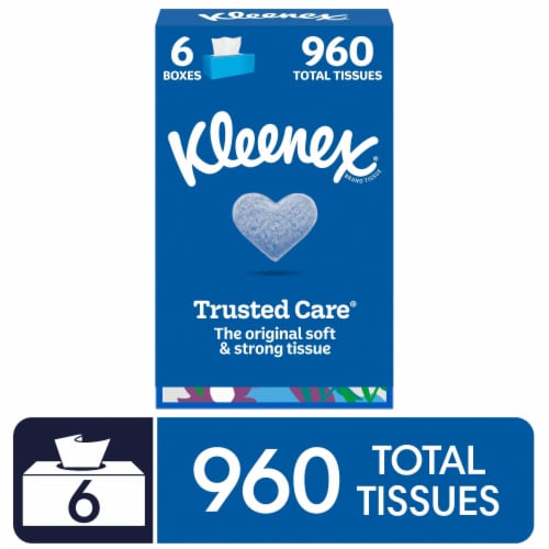 Kleenex® Trusted Care® Facial Tissues, 6 Flat Boxes, 160 Tissues per Box, 2-Ply