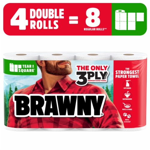 BRAWNY TEAR-A-SQUARE PAPER TOWELS, 4 DOUBLE ROLLS