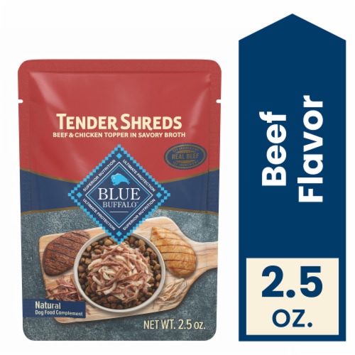 Blue Buffalo Tender Shreds Beef Toppers in Savory Broth, Dog Food Complement, Beef, 2.5-oz Pouch