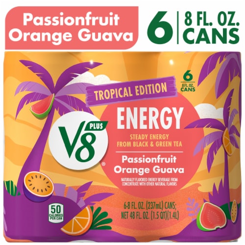 V8 +Energy Passionfruit Orange Guava Juice Energy Drink 8 fl oz Can 6 Pack