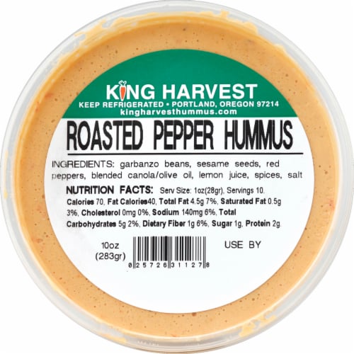 King Harvest brand Roasted Red Pepper Hummus. Product is packed in 10 and 17 oz plastic tubs with a clear film seal