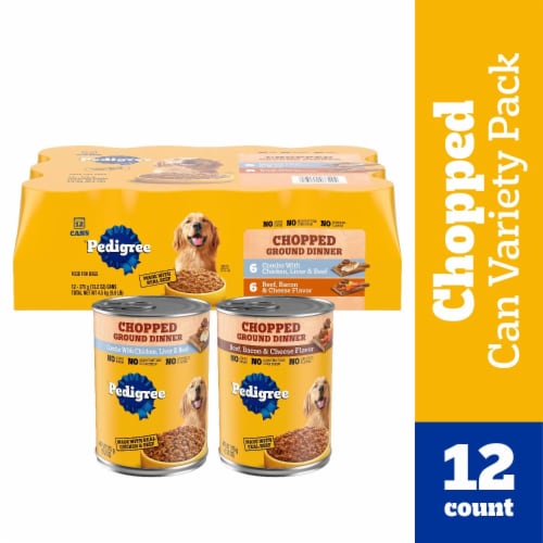 Pedigree Chopped Ground Dinner Adult Canned Soft Wet Dog Food Chicken Liver Beef & Beef Bacon Cheese