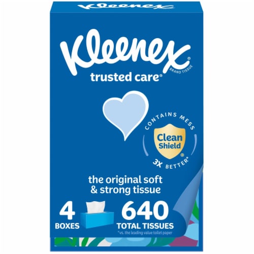 Kleenex® Trusted Care® Facial Tissues, 4 Flat Boxes, 160 Tissues per Box, 2-Ply