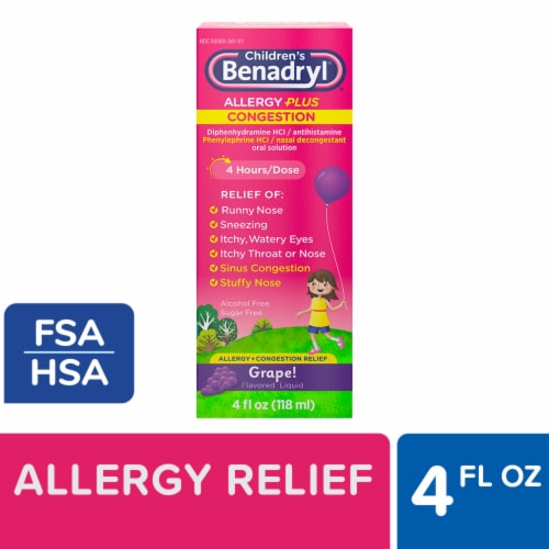 Children's Benadryl Allergy & Congestion Relief Liquid Diphenhydramine HCl & Phenylephrine HCl Grape