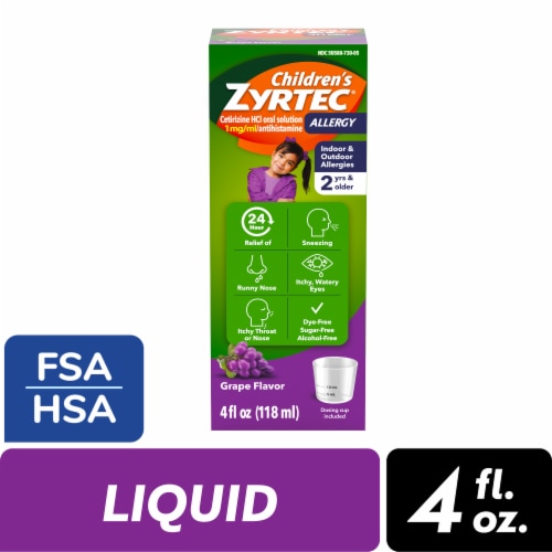 Children's Zyrtec 24 Hour Allergy Relief Dye-Free Sugar-Free Syrup Cetirizine HCl Grape Flavor