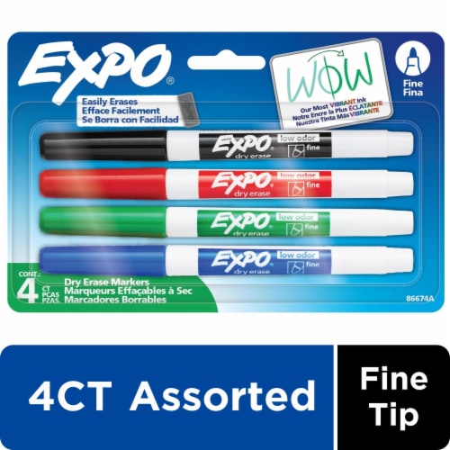 EXPO Dry Erase Markers, Low Odor Ink, Assorted Colors, Fine Tip, 4 Count