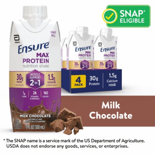 Ensure Max Protein Shake, 2-in-1 Muscle Support, 30g Protein, Milk Chocolate, 11 fl oz, 4 Pack