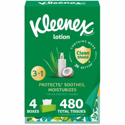 Kleenex® Lotion Facial Tissues with Coconut Oil, 4 Flat Boxes, 120 Tissues Per Box, 3-Ply