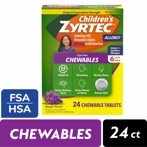 Children's Zyrtec 24 Hour Allergy Relief Dye-Free Chewable Tablets Cetirizine HCl 10 mg Grape Flavor