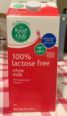 Food Club Whole Milk 100% Lactose Free Half Gallon