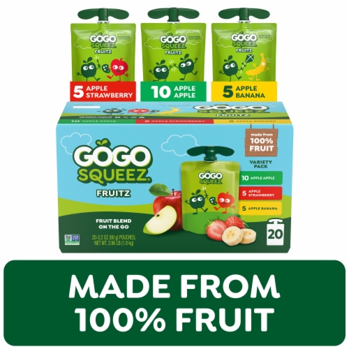 GoGo squeeZ Apple/Banana/Strawberry Applesauce & Fruit Puree Variety Pack, 3.2 oz (20 Pack)