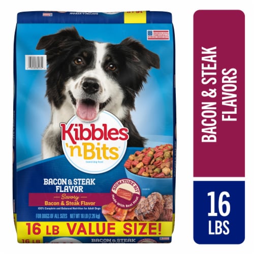 Kibbles 'n Bits Dry Dog Food, Savory Bacon & Steak Flavor for Adult Dogs, 16 lb Dog Food Bag