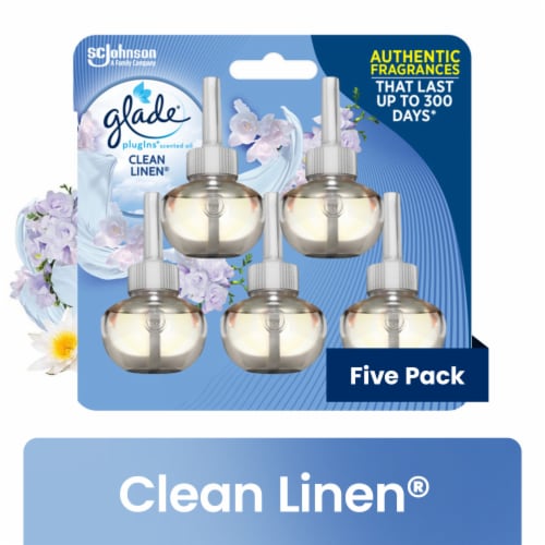 Glade PlugIns Scented Oil Refill Clean Linen, Essential Oil Infused Wall Plug In, 3.35 FL OZ, 5 Pack