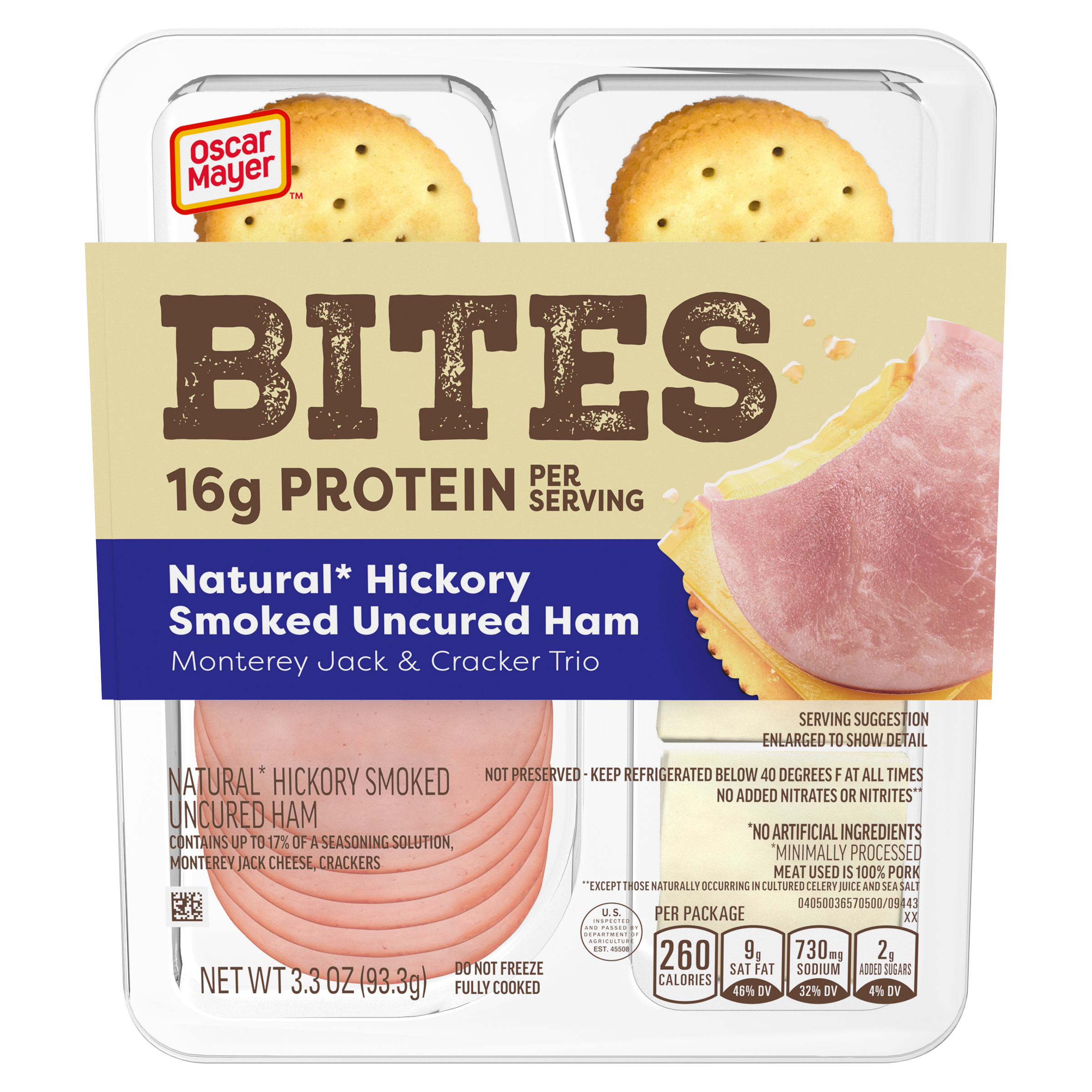 Bites Natural Hickory Smoked Uncured Ham, Monterey Jack & Cracker Trio Meat & Cheese Snack Plate