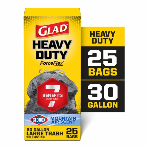 Glad ForceFlex Heavy Duty with Clorox Large Outdoor Drawstring Trash Bags, 30 Gallon, Mountain Air