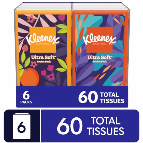 Kleenex® On-the-Go™ Facial Tissues, 6 On-the-Go™ Packs, 10 Tissues per Box, 3-Ply (60 Total Tissues)