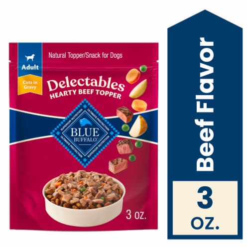 Blue Buffalo Delectables Natural Wet Dog Food Toppers, Hearty Beef Cuts in Gravy, 3-oz