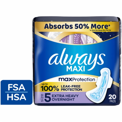 Always Maxi Pads with Wings Extra Heavy Overnight Absorbency Size 5 Unscented