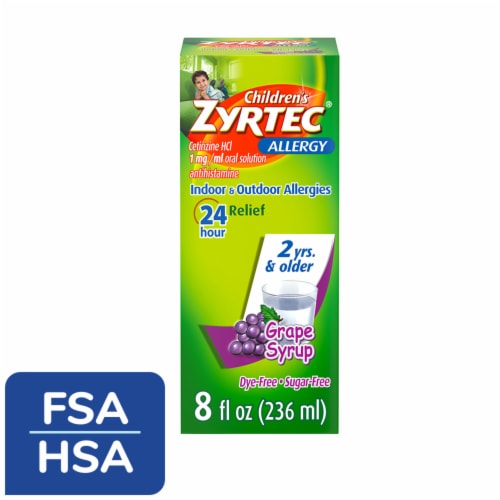 Children's Zyrtec 24 Hour Allergy Relief Dye-Free Sugar-Free Syrup Cetirizine HCl Grape Flavor