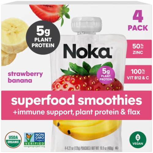 Noka Strawberry Banana, Immune Support, Plant Protein & Flax, Organic Fruit Smoothie Pouches