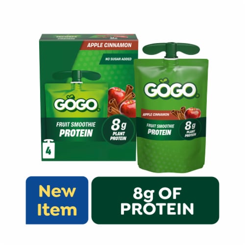 GOGO 8g Protein Apple Cinnamon Fruit Smoothie On The Go Pouches , 3.75 oz (4 Pack)