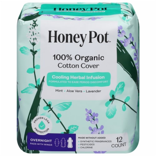 The Honey Pot® 100% Organic Cotton Cover Herbal Infused Overnight Pads with Wings