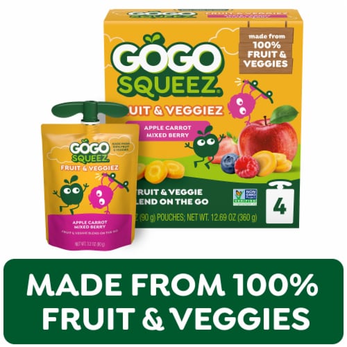 GoGo squeeZ Fruit & VeggieZ No Sugar Added Apple Carrot Mixed Berry Applesauce Pouches