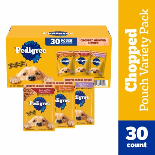 Pedigree Chopped Ground Dinner Soft Wet Dog Food Pouches Beef Bacon Cheese Filet Mignon & Chicken