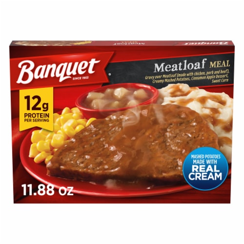 Banquet Meatloaf with Mashed Potatoes and Cinnamon Apple Dessert, Frozen Meal