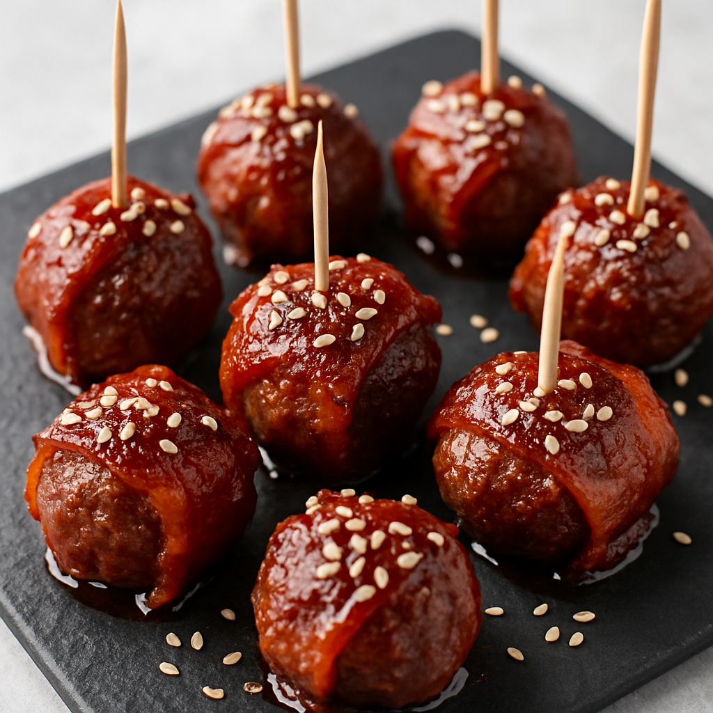 Sweet and Spicy Bacon Wrapped Meatballs