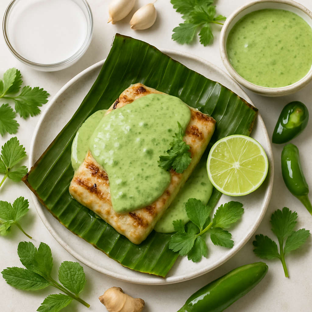 Pescado a la Parrilla en Hoja de Plátano con Salsa de Coco y Cilantro