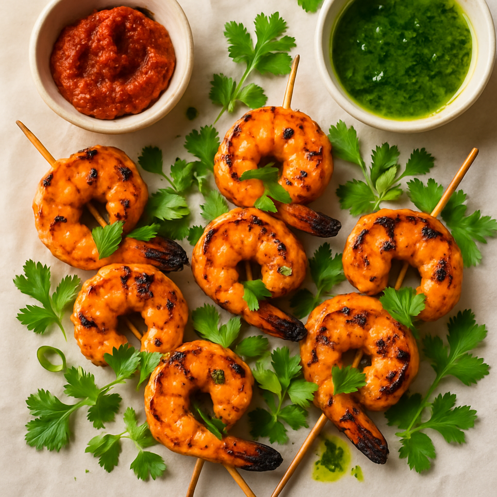 Brochetas de Camarones a la Parrilla con Harissa, Aceite de Albahaca y Cilantro