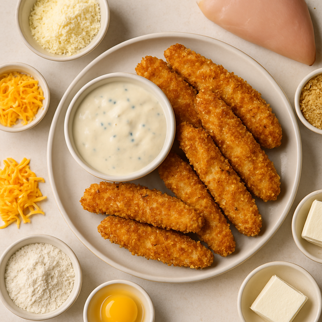 Parmesan Chicken Fingers with Garlic Cheese Sauce