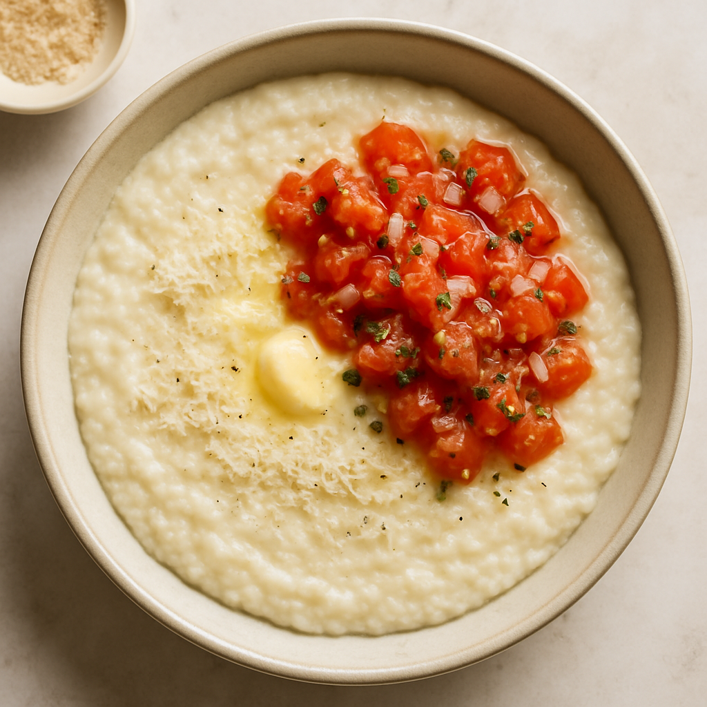 Creamy Rice Grits with Tomato Relish