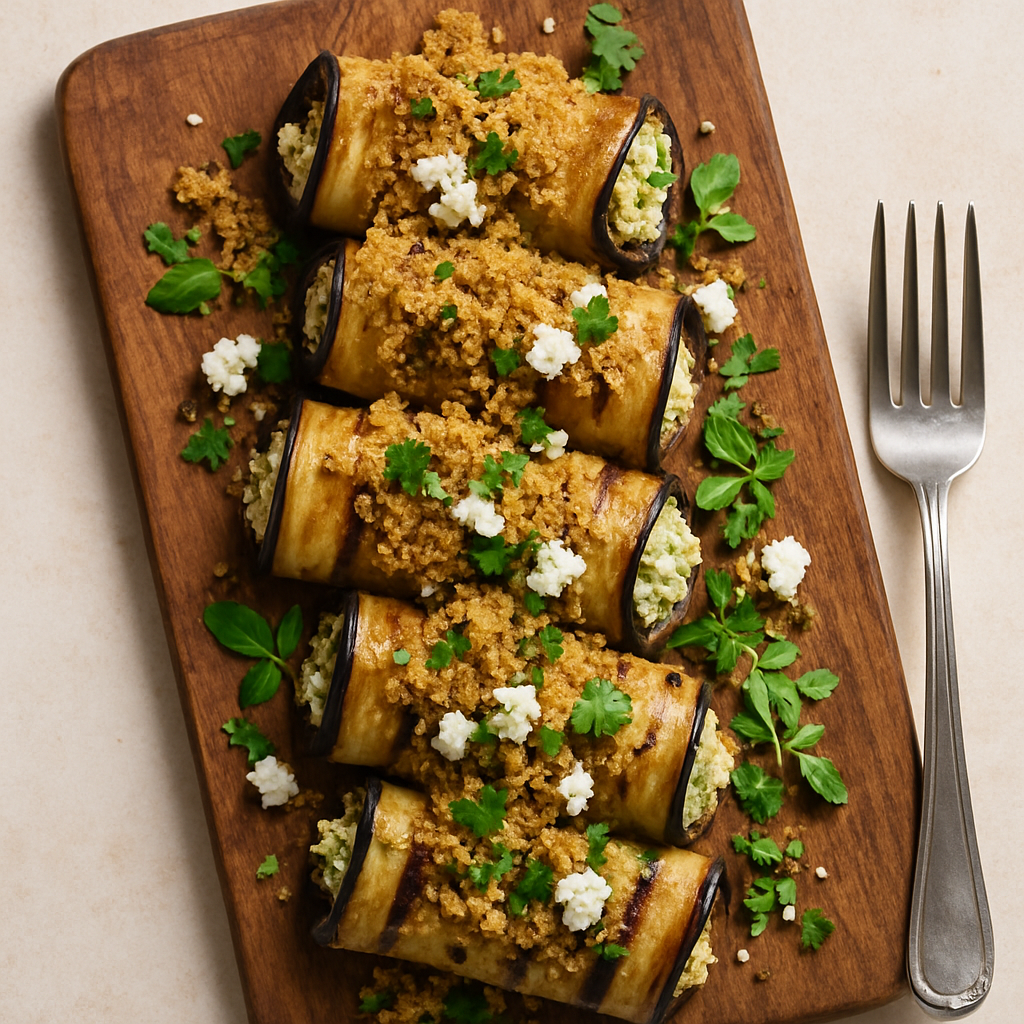 Rollos de Berenjena a la Parrilla con Queso Crema y Mijo Aromático