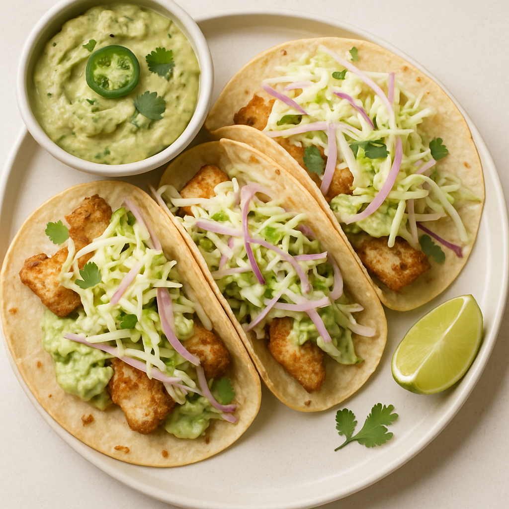 Fish Tacos with Creamy Lime Guacamole and Cabbage Slaw