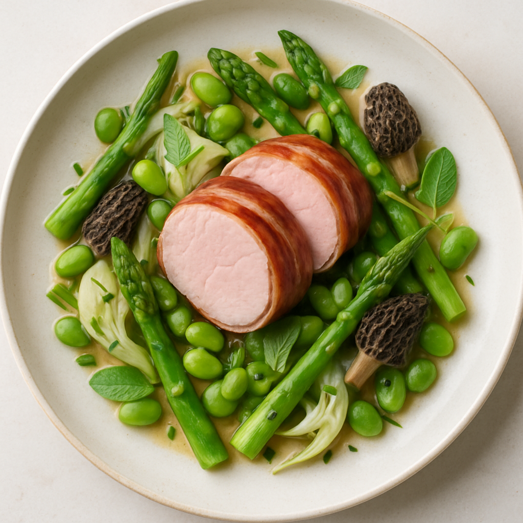 Pancetta Wrapped Pork Tenderloin with Spring Vegetables