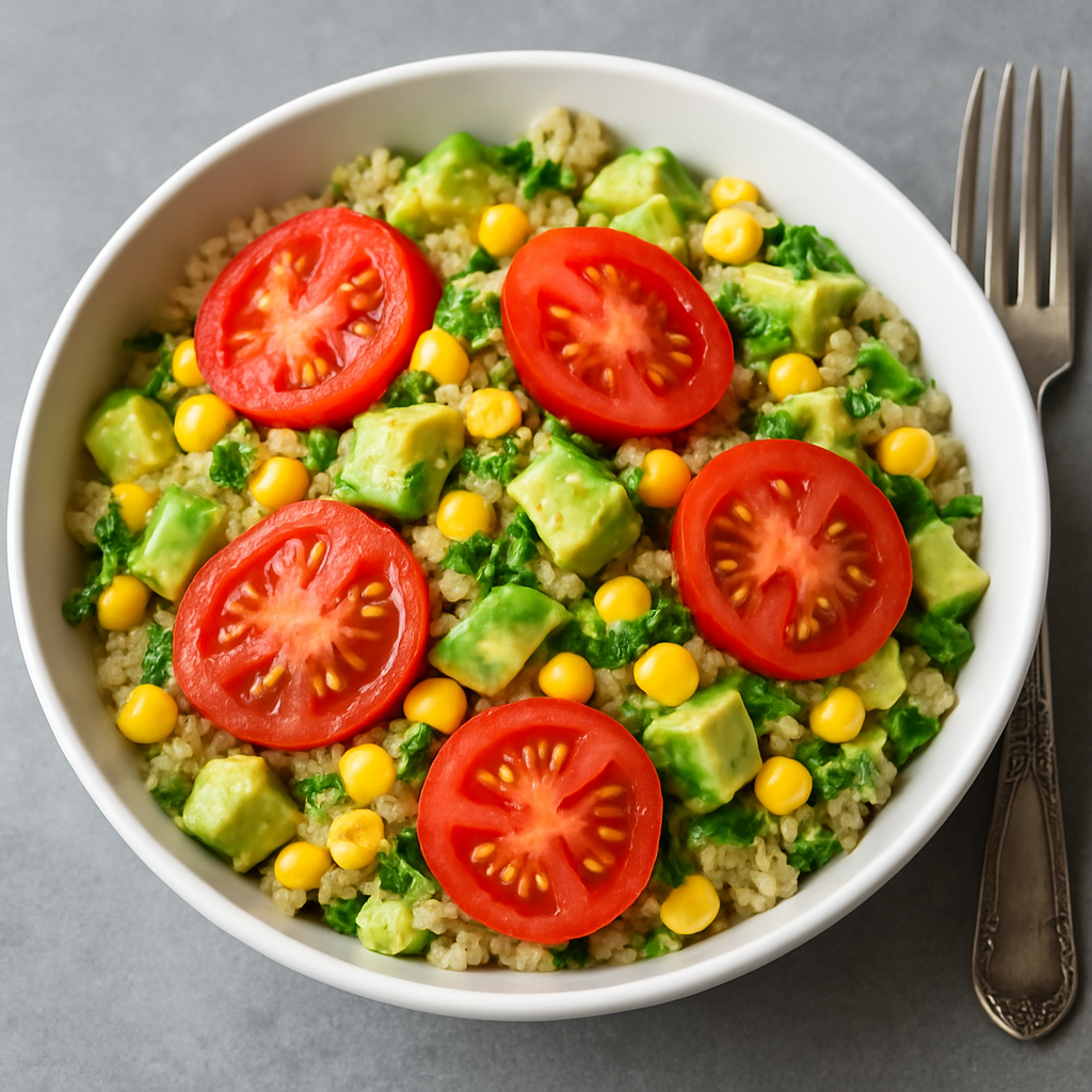 Ensalada de Quinua con Aguacate, Tomates Frescos y Maíz Dulce