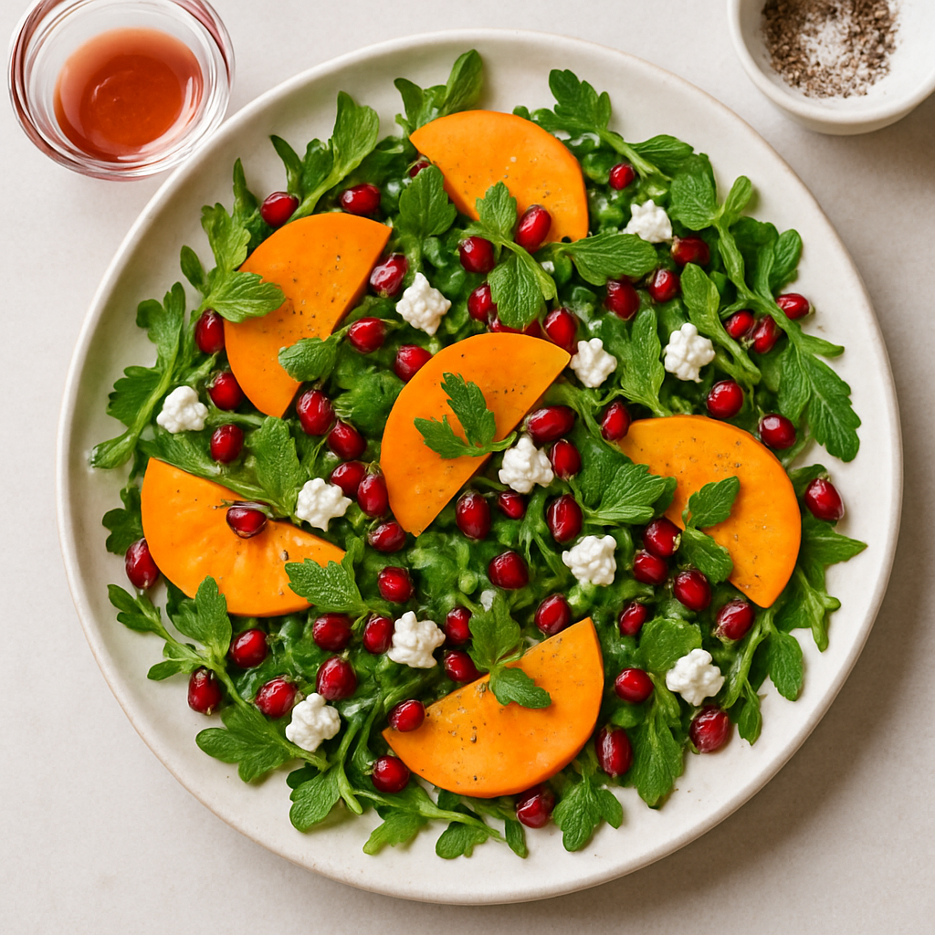 Persimmon and Arugula Salad With Pomegranate Seeds, Mint, and Feta