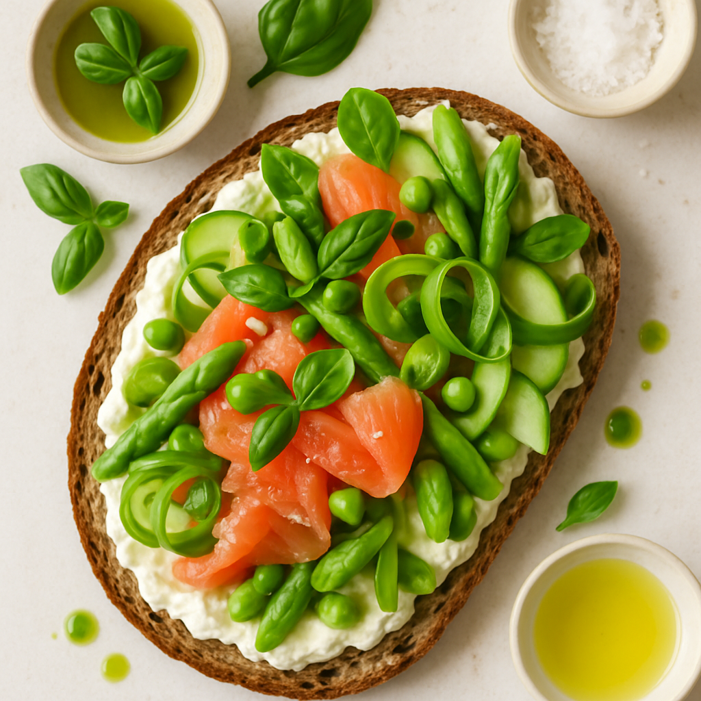 Tartine with Spring Vegetables, Smoked Salmon, Ricotta, and Basil Oil