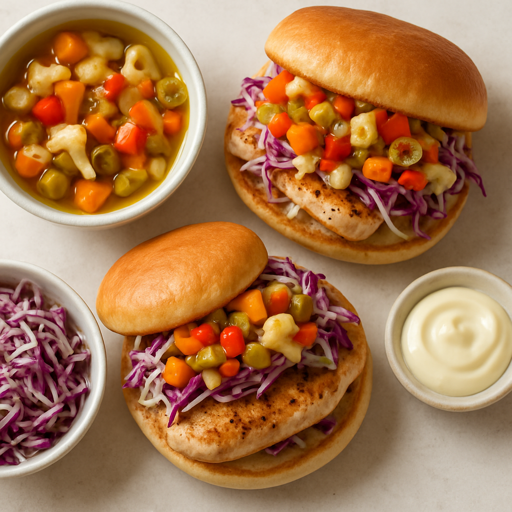 Chicken Sandwiches with Pickled Vegetables and Cabbage Slaw