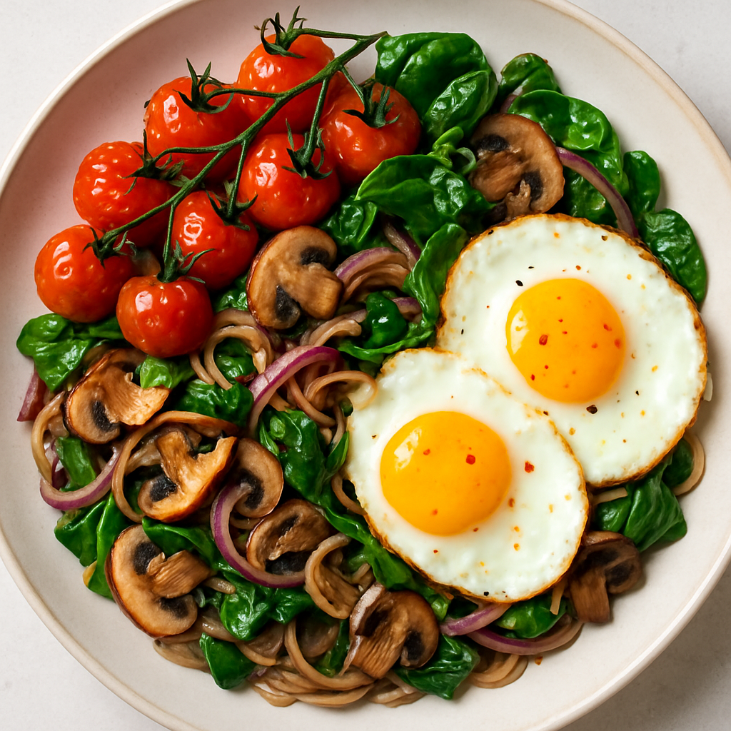 Soba Noodles with Roasted Tomatoes, Mushrooms and Eggs