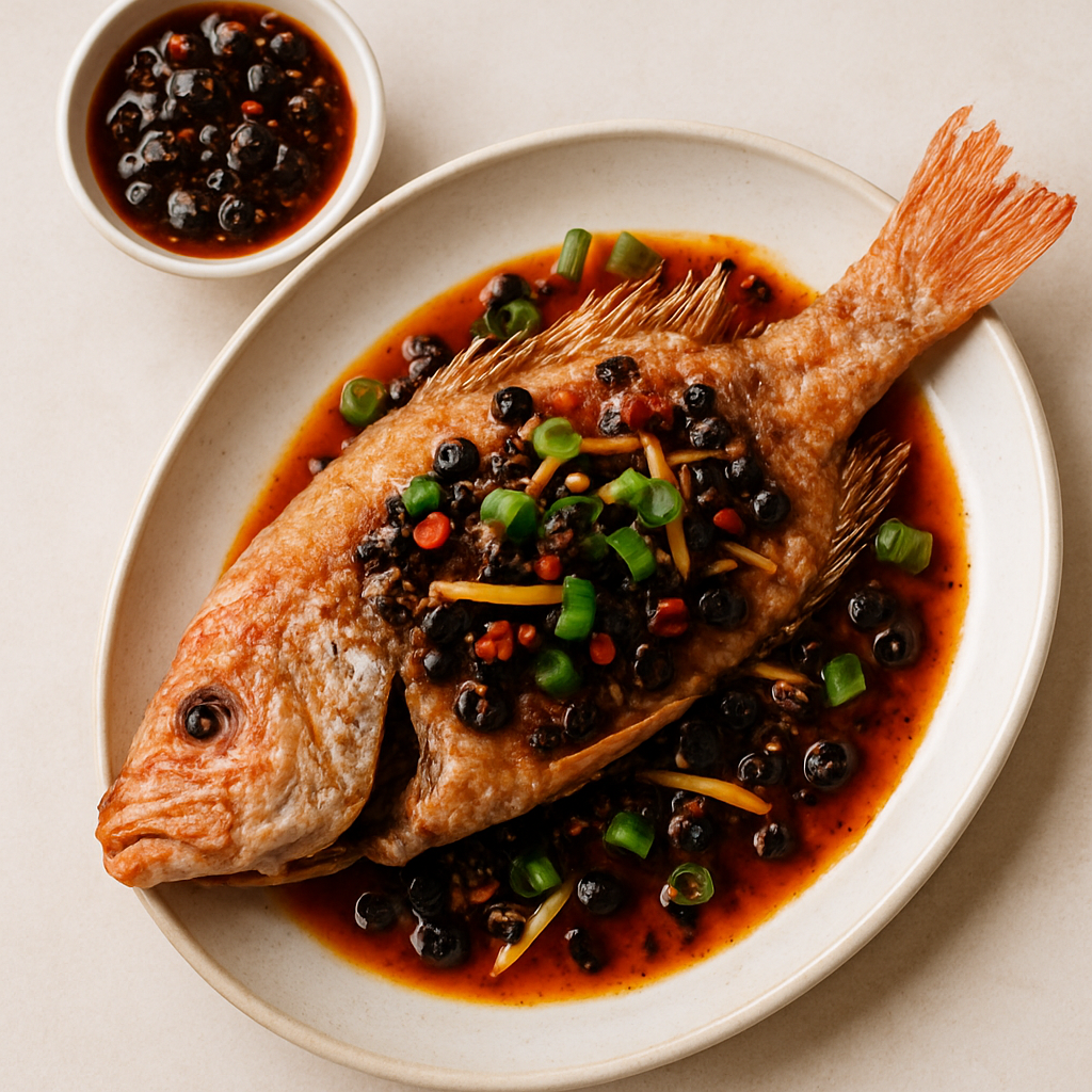 Pescado Frito Crujiente al Estilo Chino con Salsa Picante de Frijoles Negros Fermentados