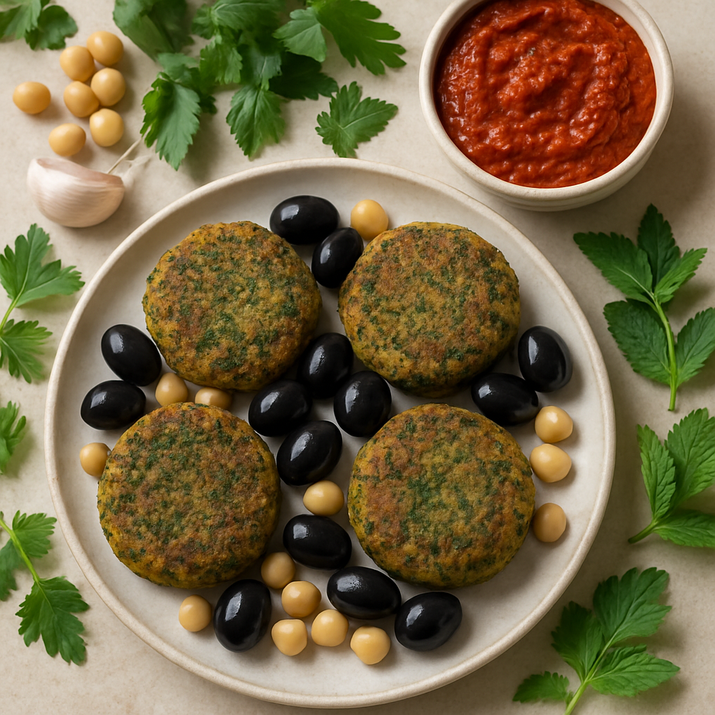 Falafel with Black Olives and Harissa