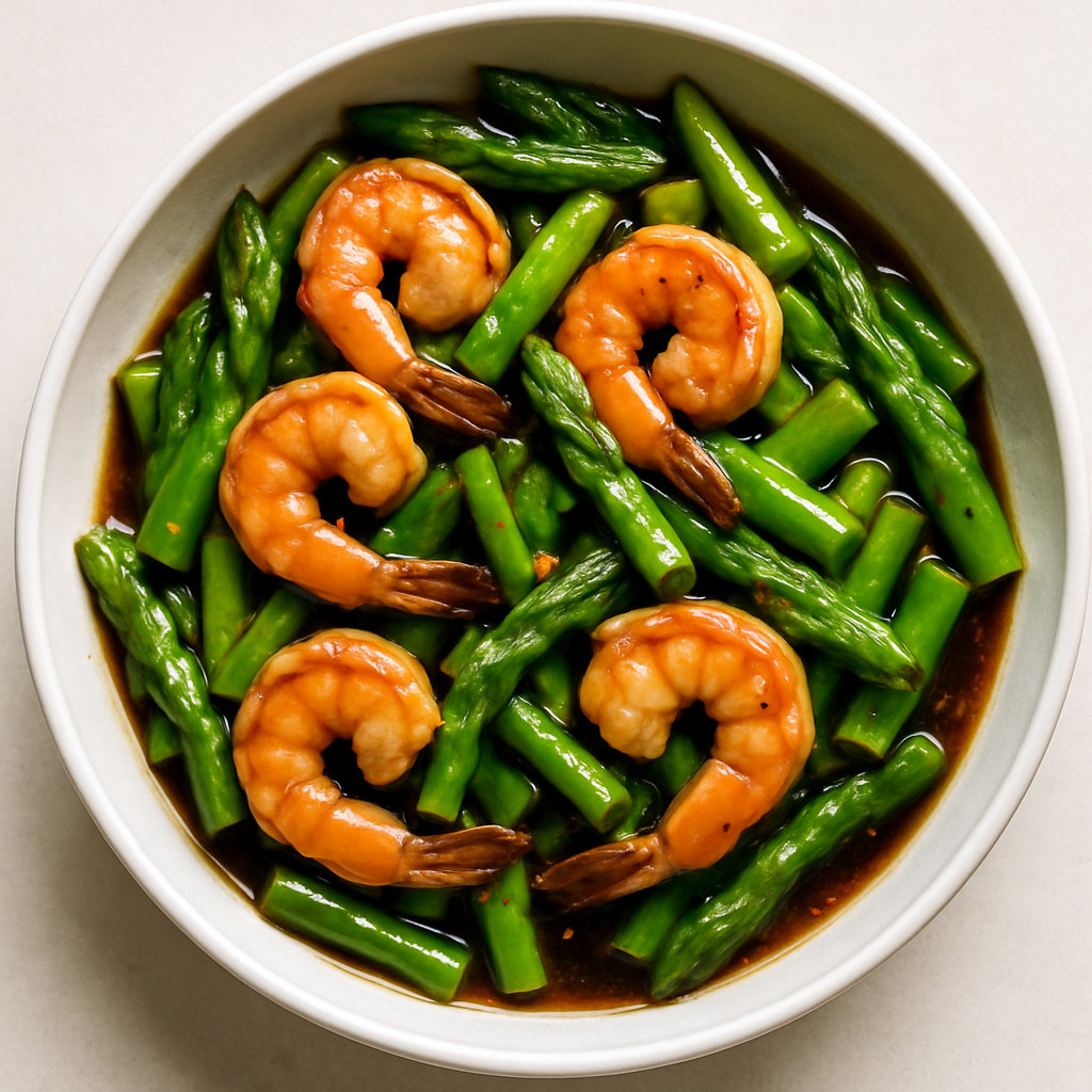 Salteado de Camarones y Espárragos